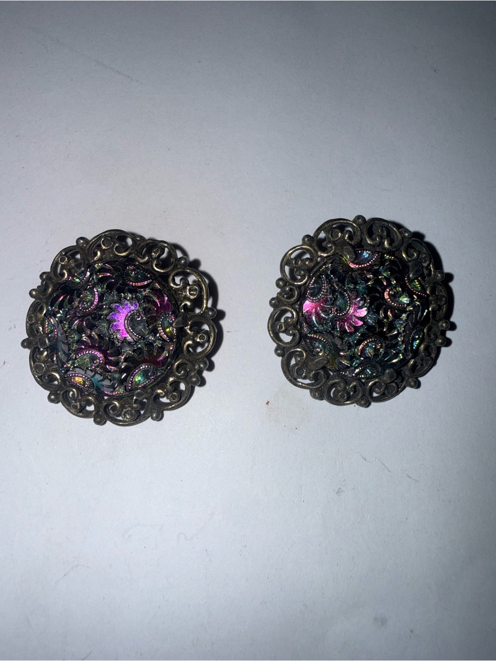 Vintage Clip Earrings Signed Judy Lee Goldtone Iridescent Rainbow Carnival Glass